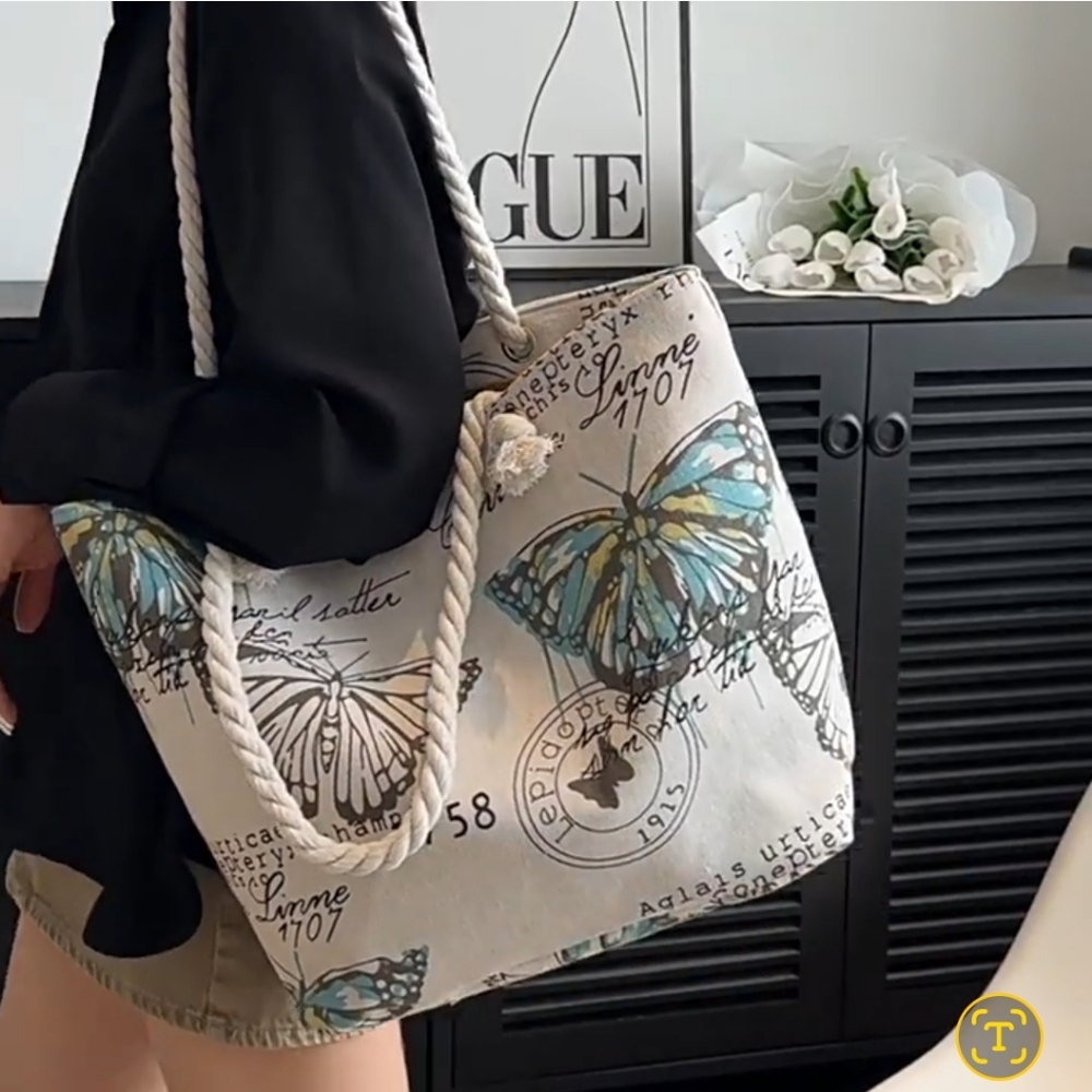 Vintage Womens Large Butterfly Design Print Tote Bag